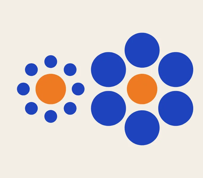 Two orange circles, the left one surrounded by small circles, the right one by large ones.