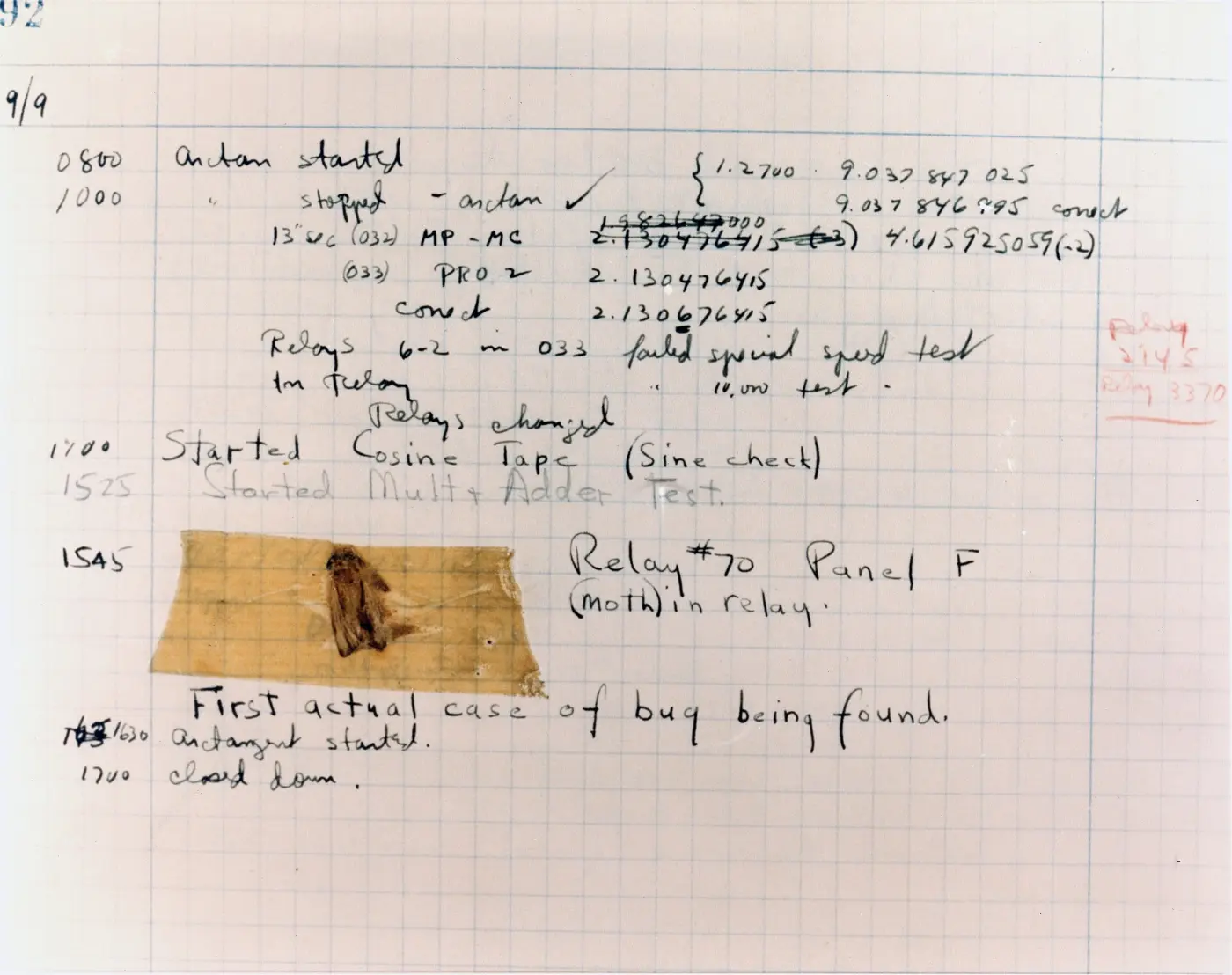 A page from the Harvard Mark II logbook with a moth taped to it