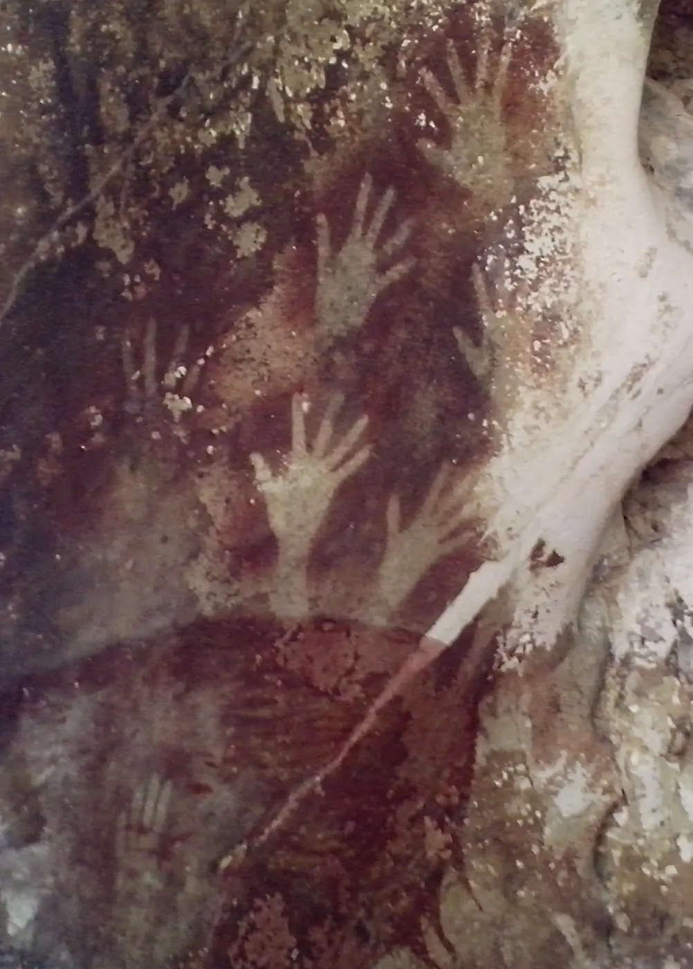 Hand stencils outlined in red paint on the wall of Leang Pettakere cave in Maros, Sulawesi