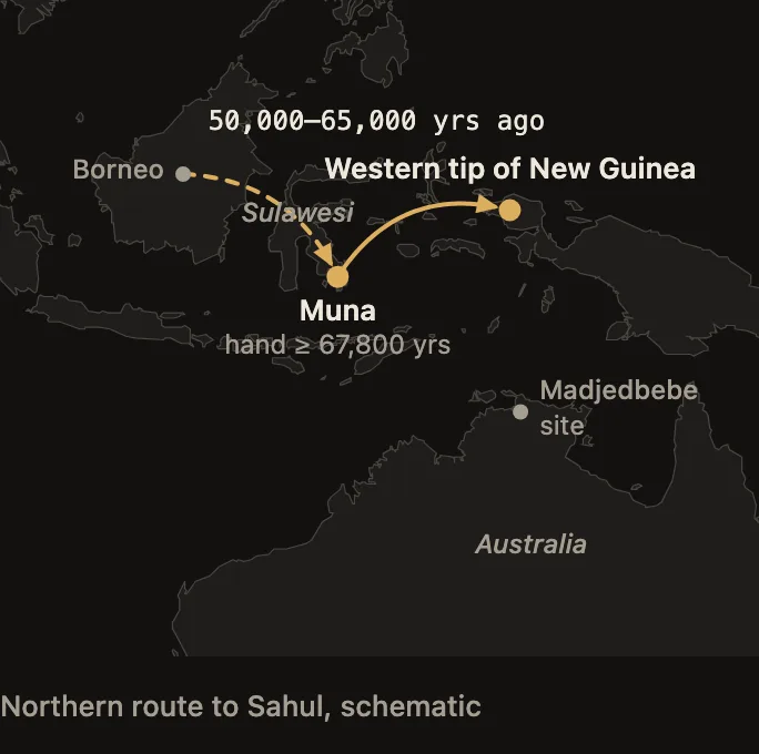 Map from Borneo to northern Australia: a line runs from Borneo via the island of Muna off Sulawesi to the western tip of New Guinea. To the south lies Australia with the Madjedbebe site.
