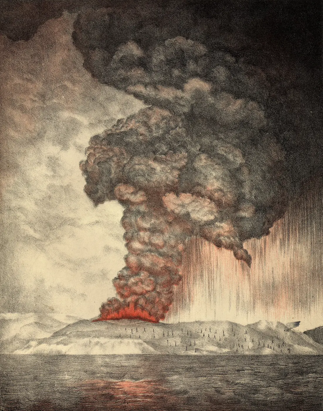 1888 lithograph: a column of smoke and ash above the island of Krakatoa during the early phase of the eruption in May 1883