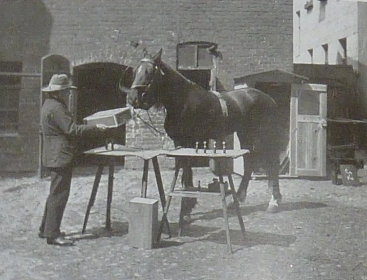 Historisches Foto: Ein Mann mit Hut steht an einem Tisch mit Zahlentafeln vor einem Pferd in einem Hof
