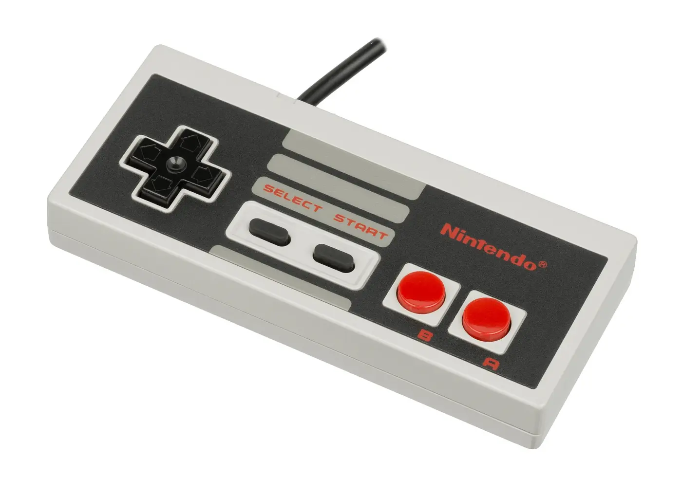 A grey and black controller of the Nintendo Entertainment System on a white background