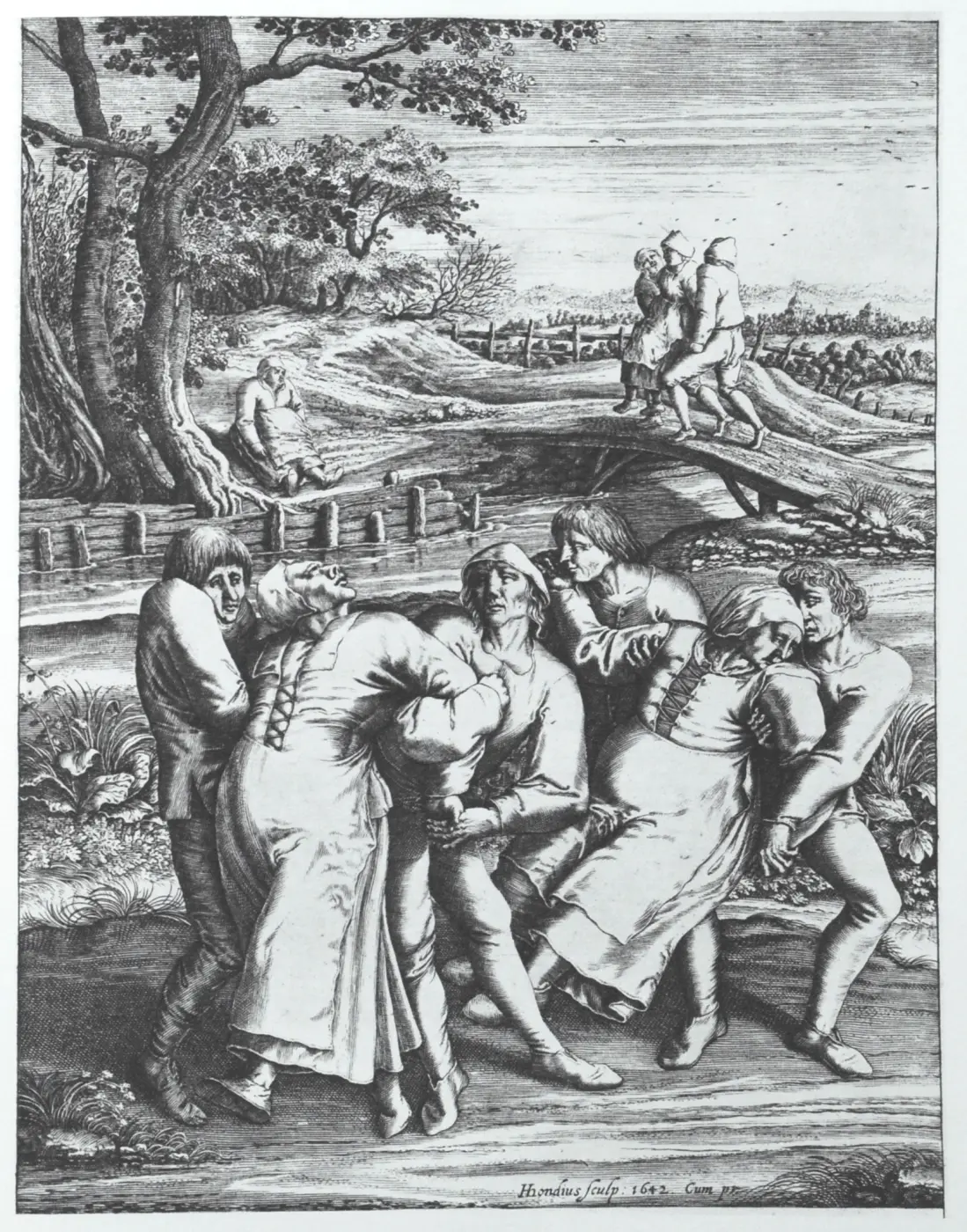 Engraving: men hold up women who dance with twisted bodies; in the background someone is led across a bridge