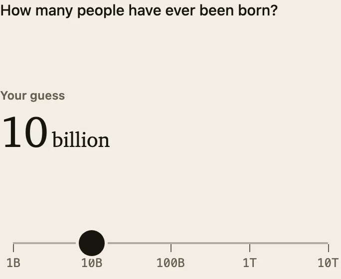 Estimation question on a logarithmic scale: how many people have ever been born? Answer: about 117 billion.