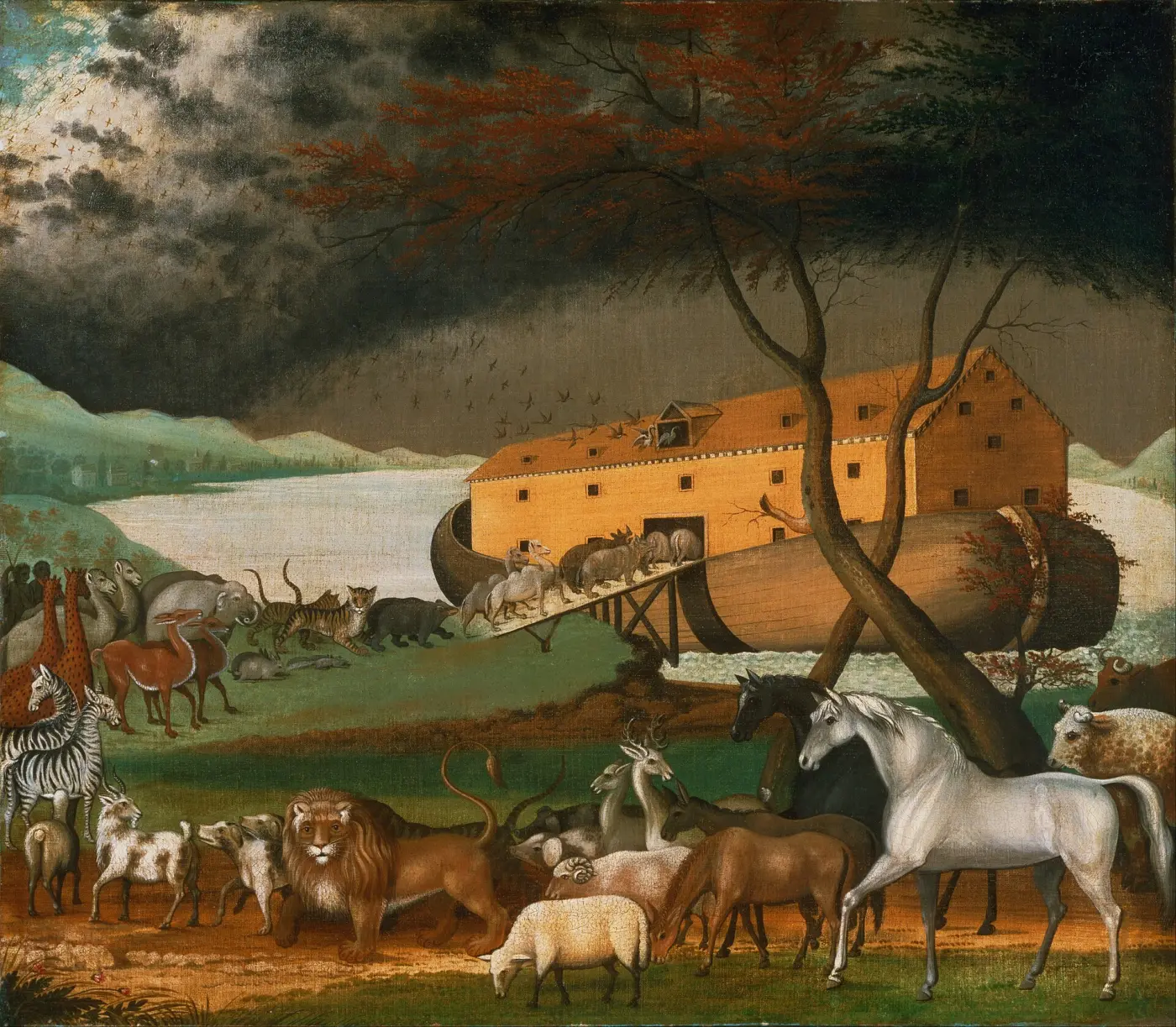 Painting: pairs of animals, including horses, zebras and giraffes, head towards a large ark