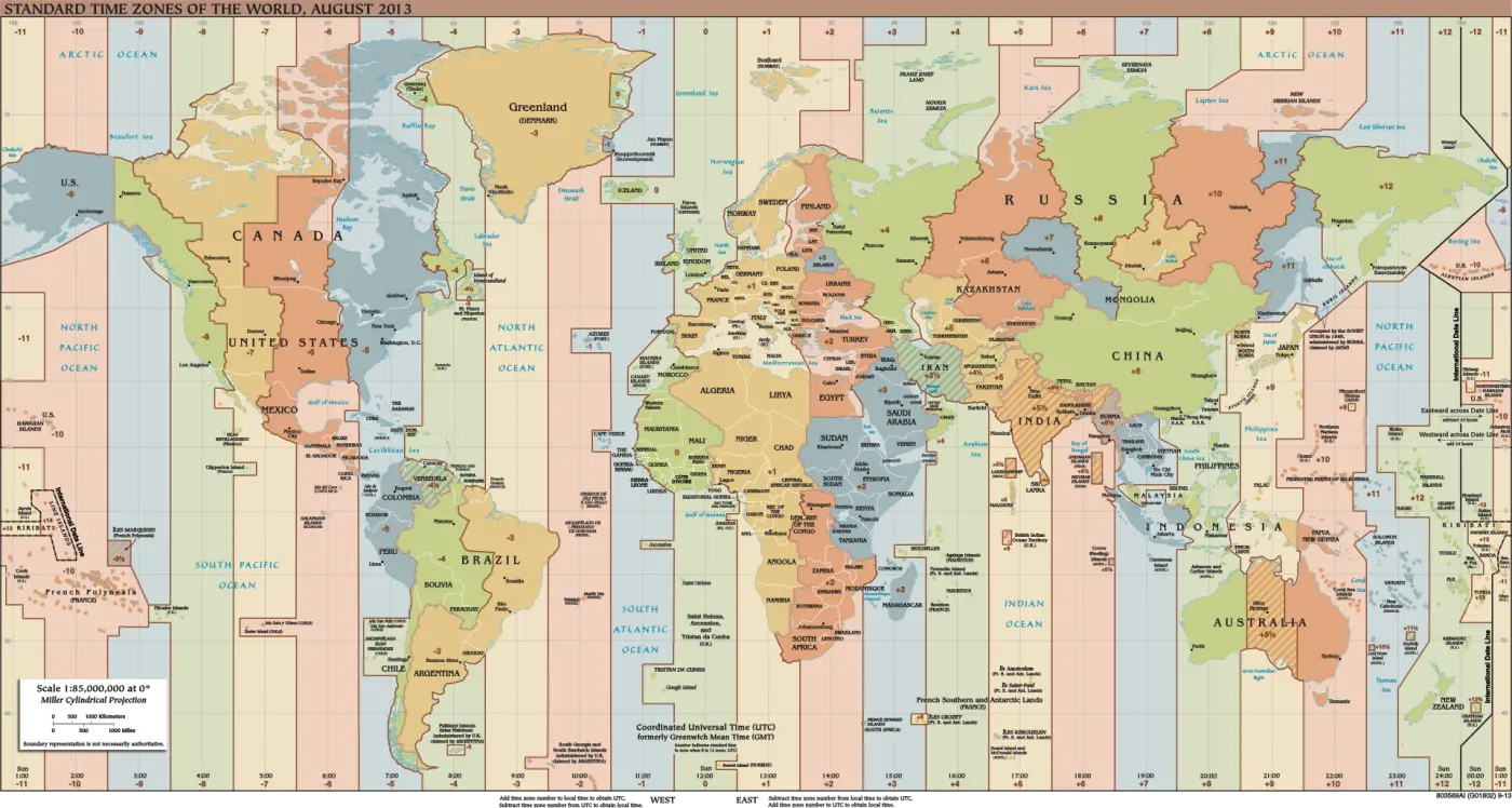 World map of time zones in coloured bands
