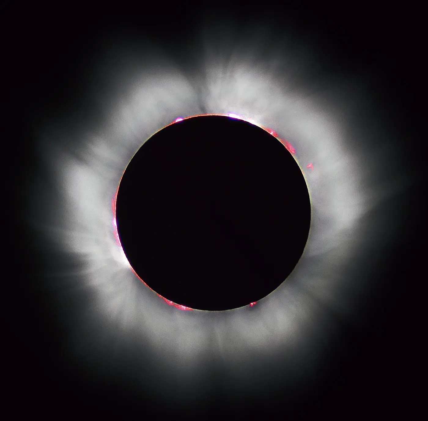 Total solar eclipse: the black disc of the Moon, surrounded by the Sun's bright corona